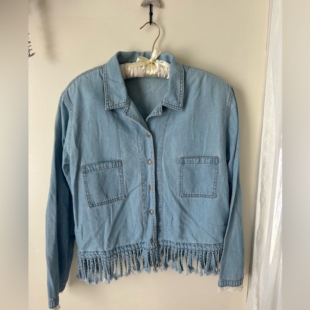 Fringed Denim Jacket with Lace Trim